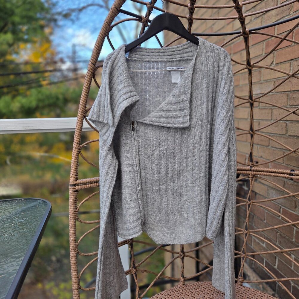 Sarah Pacini Light Gray Ribbed Zip-Front Cardigan Sweater